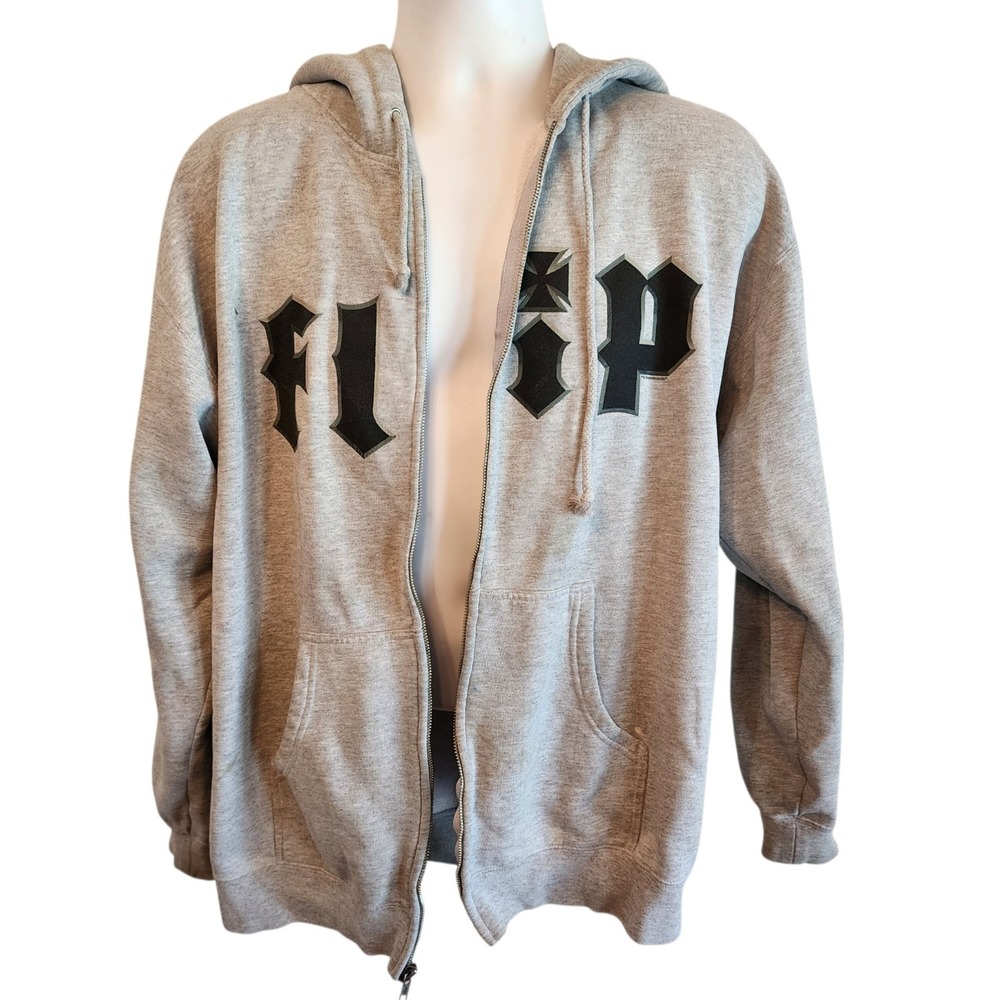 Vintage FLIP Skateboards Hoodie Mens Large Gray Full Zip Skate Punk Y2K Distress